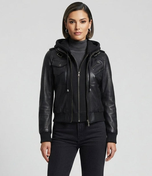 Women's Black Leather Bomber Jacket with Removable Hood