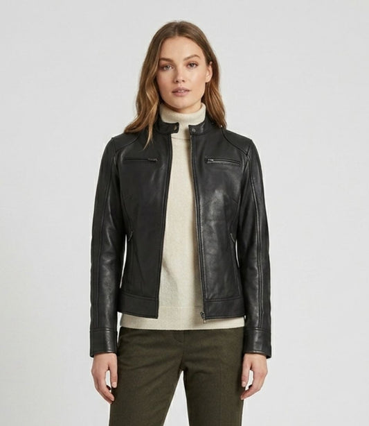 Women's Black Real Lambskin Leather Slim Fit Cafe Racer Jacket