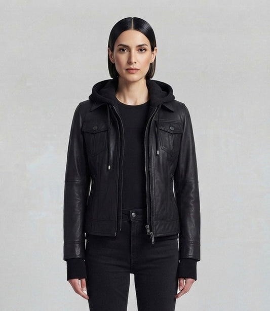 Women's Hooded Leather Bomber Jacket Black with Rib-Knit Cuffs