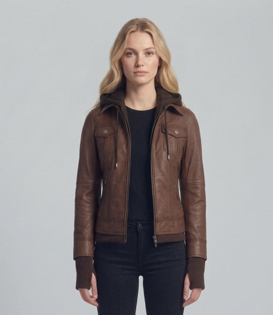Women's Brown Leather Jacket with Hood – Utility Bomber Style