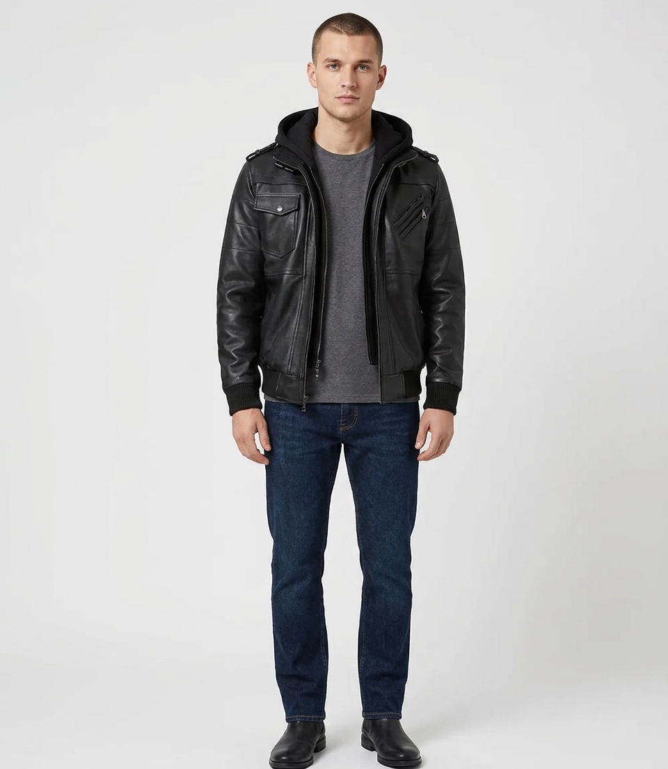 Men's Black Real Lambskin Leather Hooded Bomber Jacket