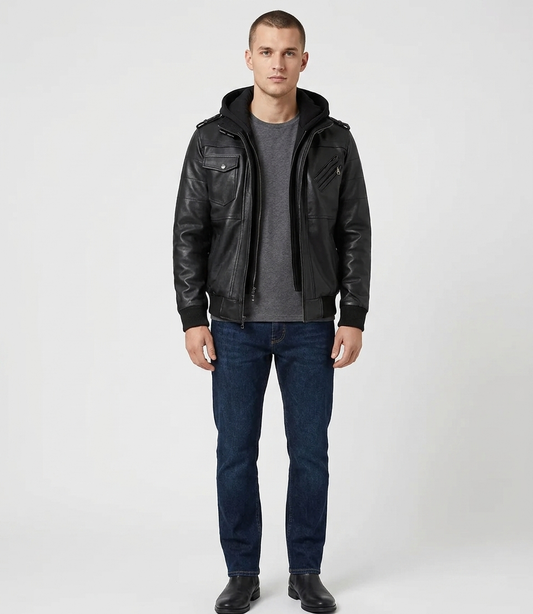 Men's Black Real Lambskin Leather Hooded Bomber Jacket