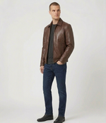 Men's Brown Real Lambskin Leather Classic Shirt-Collar Jacket