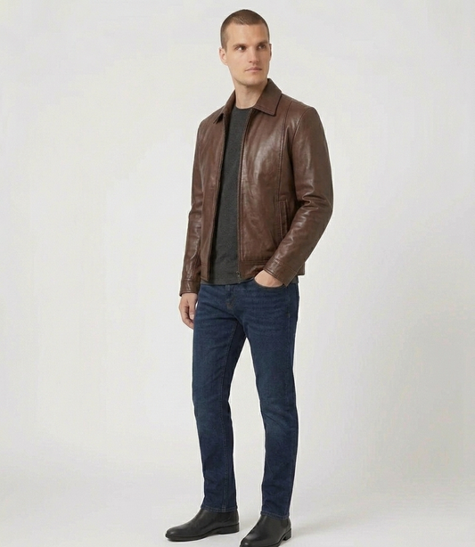 Men's Brown Real Lambskin Leather Classic Shirt-Collar Jacket