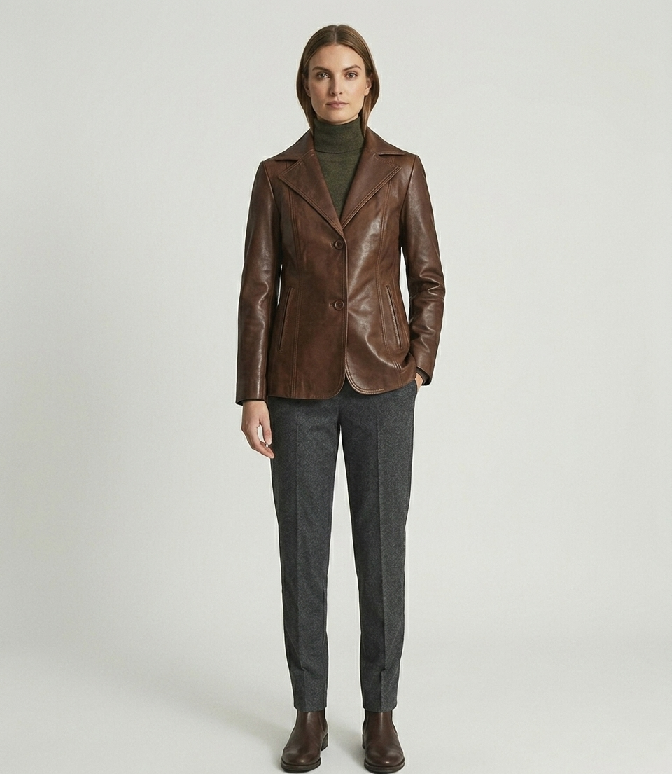 Women's Brown Real Lambskin Leather Blazer Style Jacket