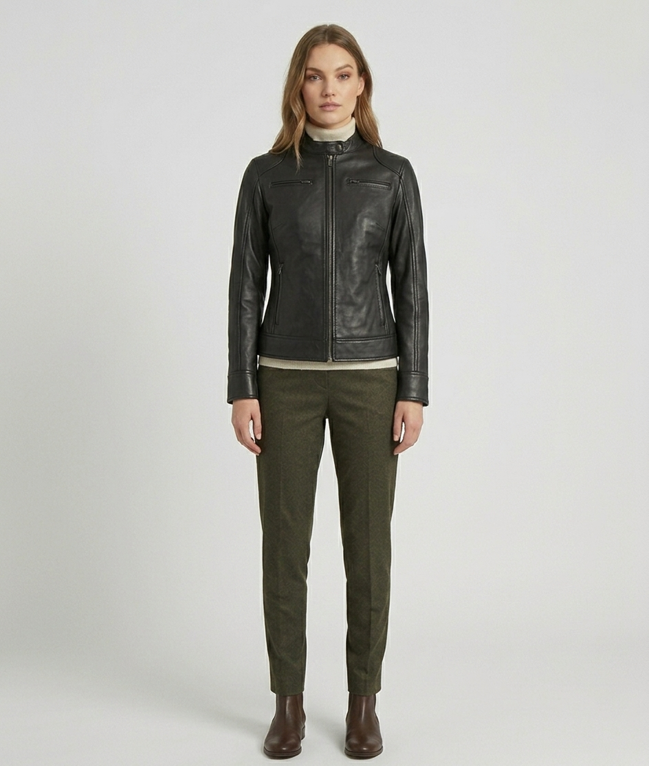 Women's Black Real Lambskin Leather Slim Fit Cafe Racer Jacket