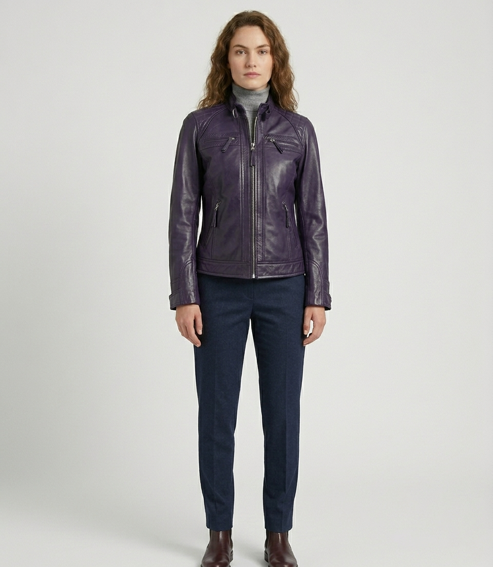 Women's Purple Real Lambskin Leather Cafe Racer Biker Jacket