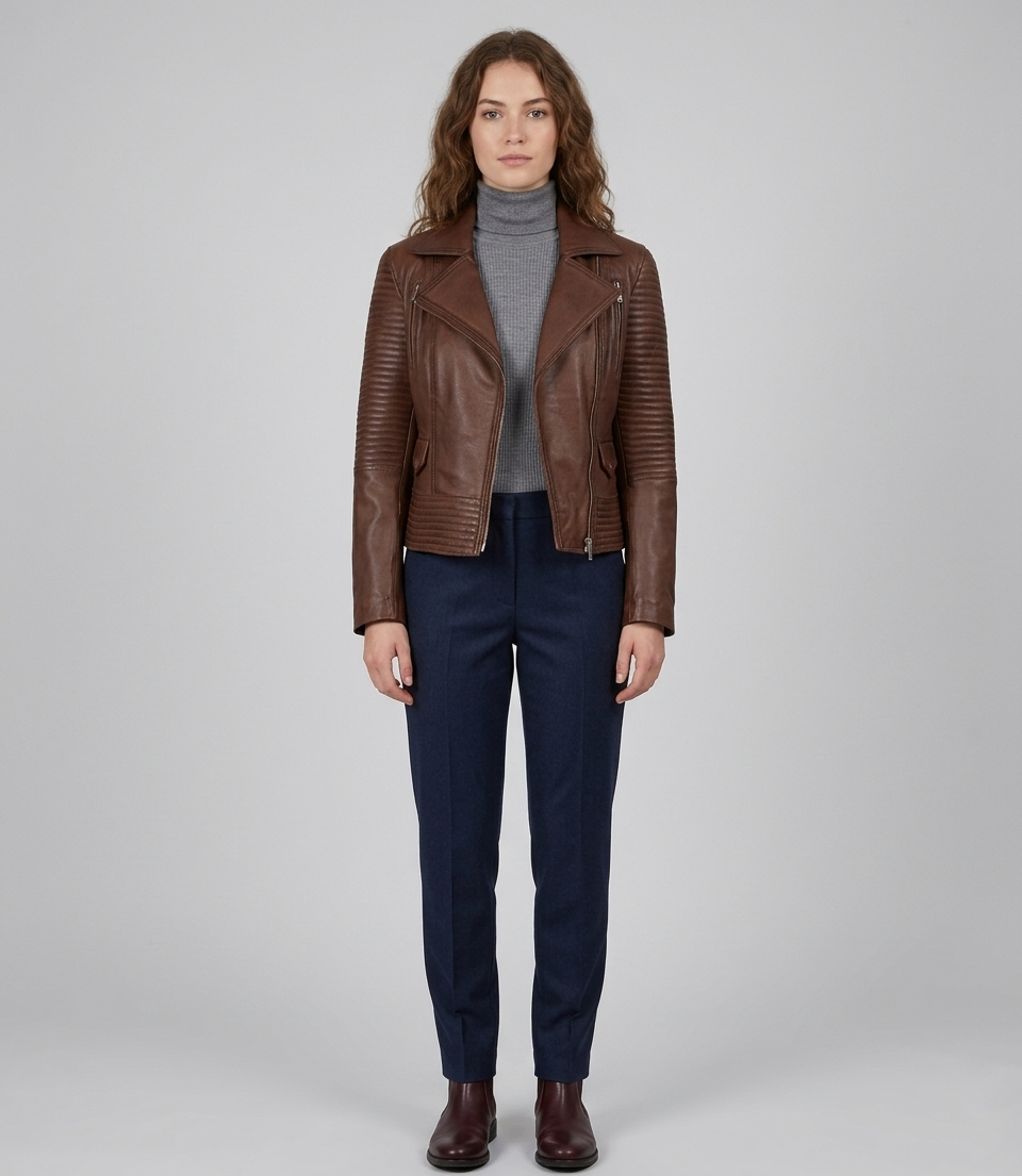 Women's Brown Real Lambskin Leather Quilted Biker Jacket