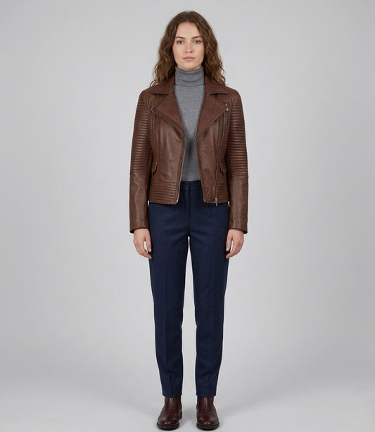Women's Brown Real Lambskin Leather Quilted Biker Jacket