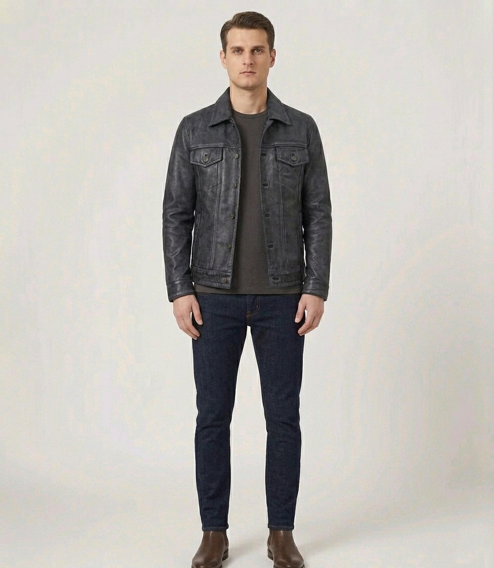 Men's Distressed Grey Real Lambskin Leather Trucker Style Jacket