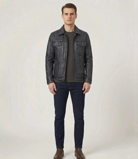 Men's Distressed Grey Real Lambskin Leather Trucker Style Jacket