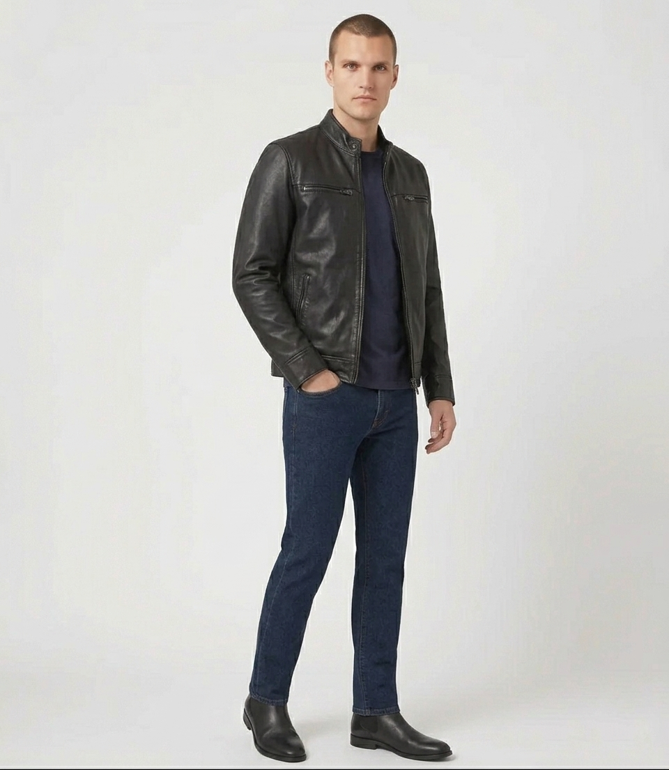 Men's Black Real Lambskin Leather Cafe Racer Jacket
