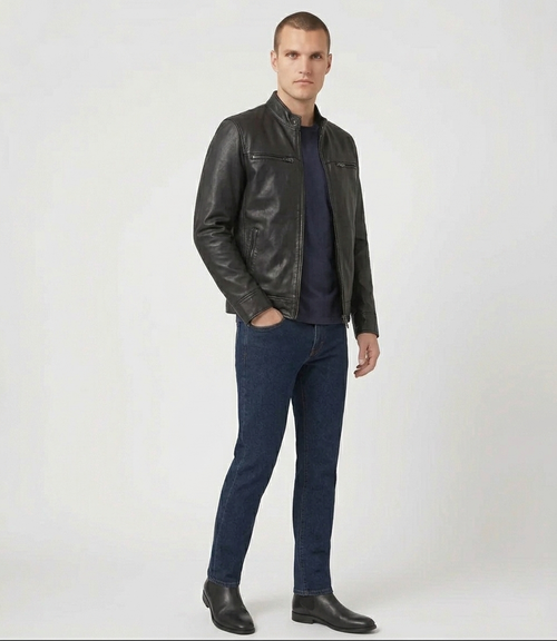 Men's Black Real Lambskin Leather Cafe Racer Jacket