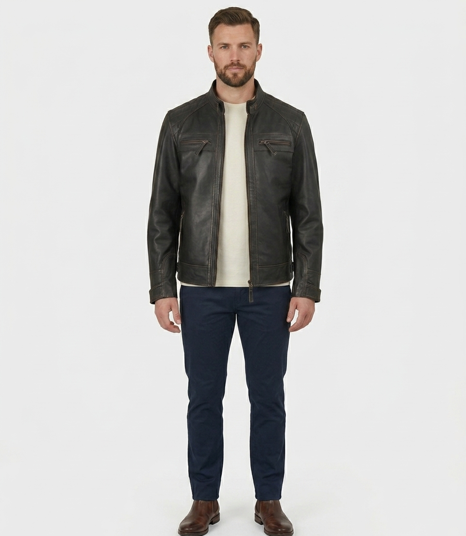 Men's Distressed Dark Brown Real Lambskin Leather Cafe Racer Biker Jacket