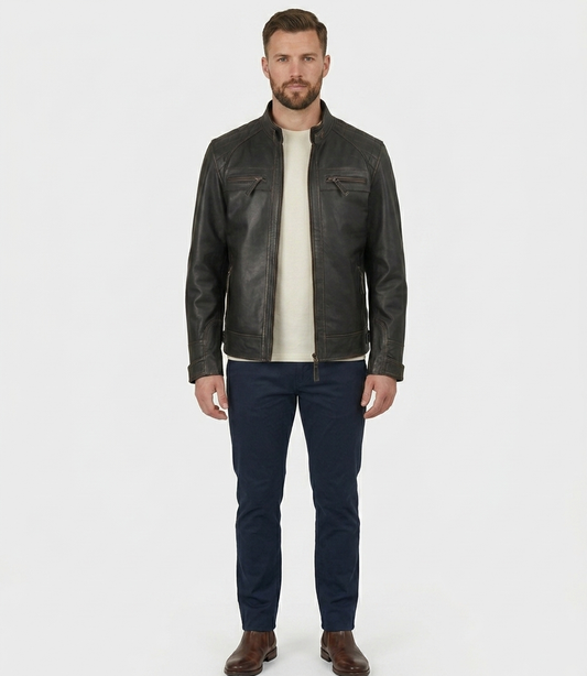 Men's Distressed Dark Brown Real Lambskin Leather Cafe Racer Biker Jacket