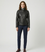 Women's Black Real Lambskin Leather Quilted Cafe Racer Jacket