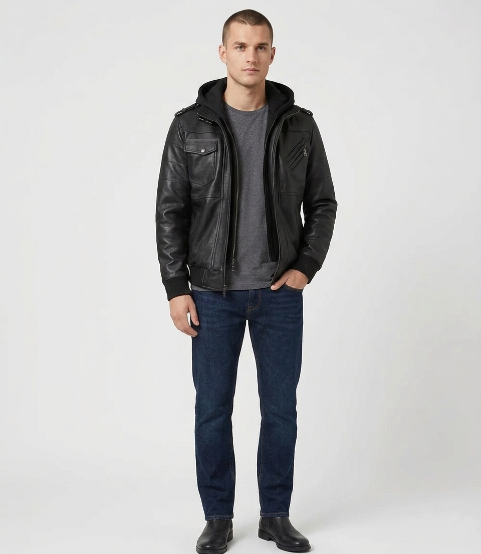 Men's Black Real Lambskin Leather Hooded Bomber Jacket