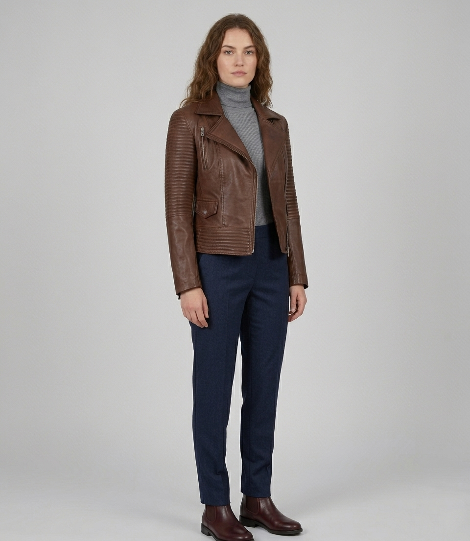 Women's Brown Real Lambskin Leather Quilted Biker Jacket