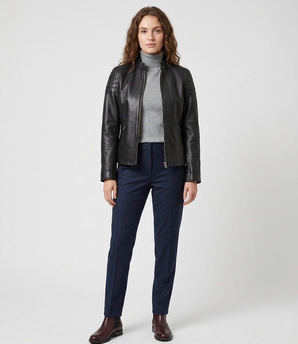 Women's Black Real Lambskin Leather Quilted Cafe Racer Jacket