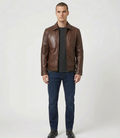 Men's Brown Real Lambskin Leather Classic Shirt-Collar Jacket
