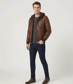 Men's Brown Real Lambskin Leather Hooded Bomber Jacket