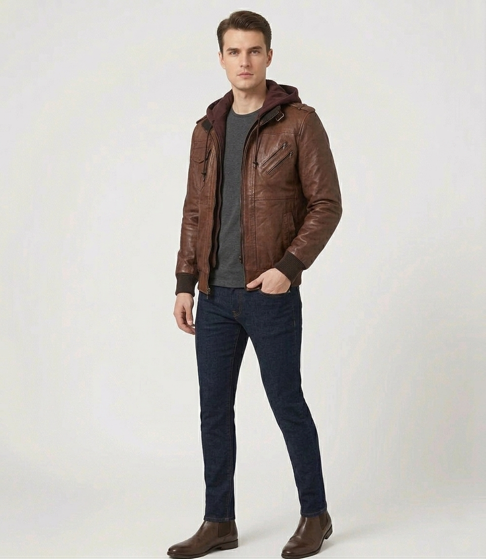 Men's Brown Real Lambskin Leather Hooded Bomber Jacket