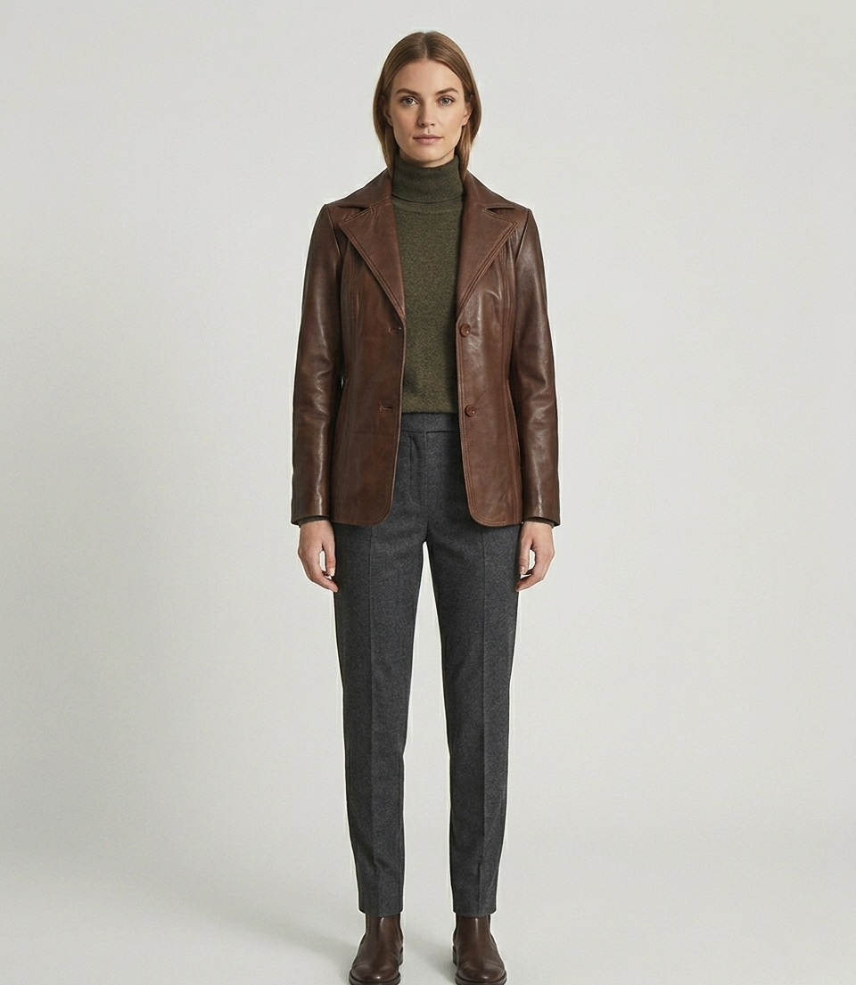 Women's Brown Real Lambskin Leather Blazer Style Jacket