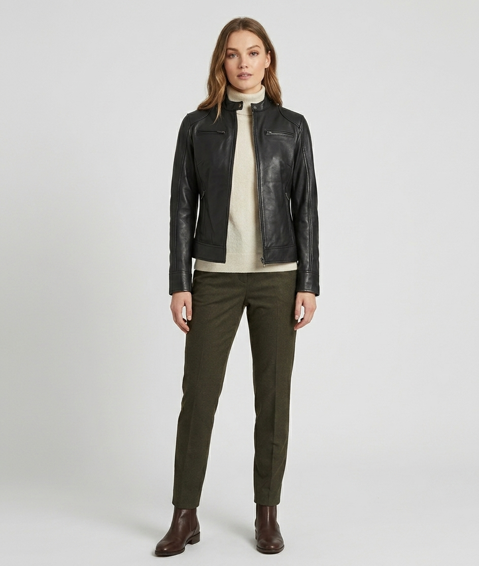 Women's Black Real Lambskin Leather Slim Fit Cafe Racer Jacket