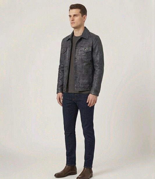 Men's Distressed Grey Real Lambskin Leather Trucker Style Jacket
