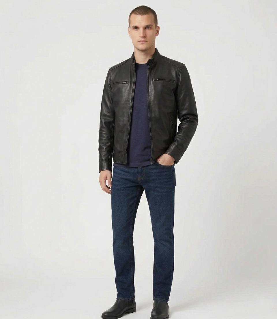 Men's Black Real Lambskin Leather Cafe Racer Jacket