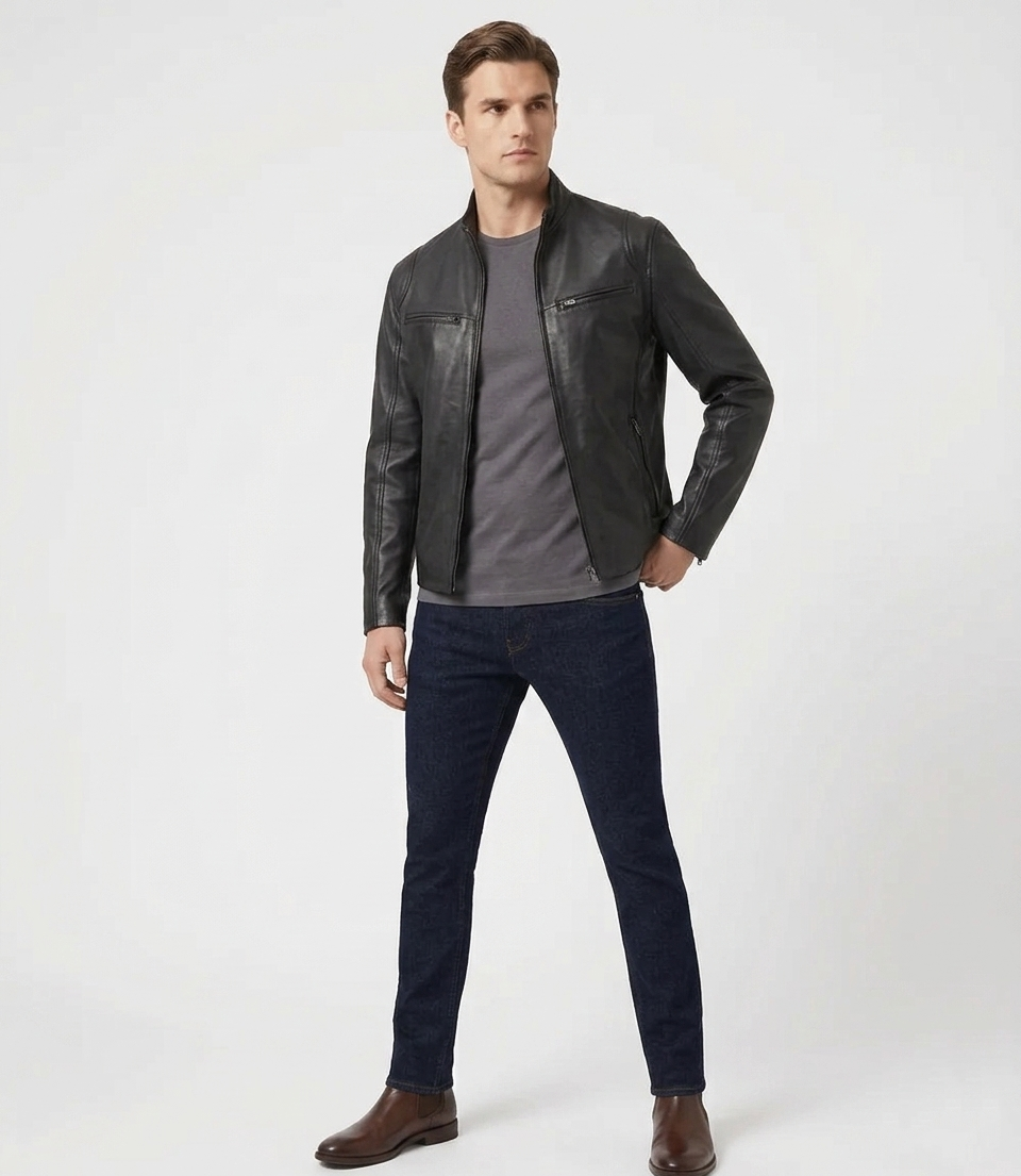 Men's Black Real Lambskin Leather Slim Fit Cafe Racer Jacket