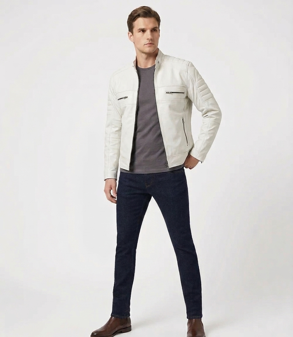 Men's Off-White Real Lambskin Leather Quilted Cafe Racer Jacket