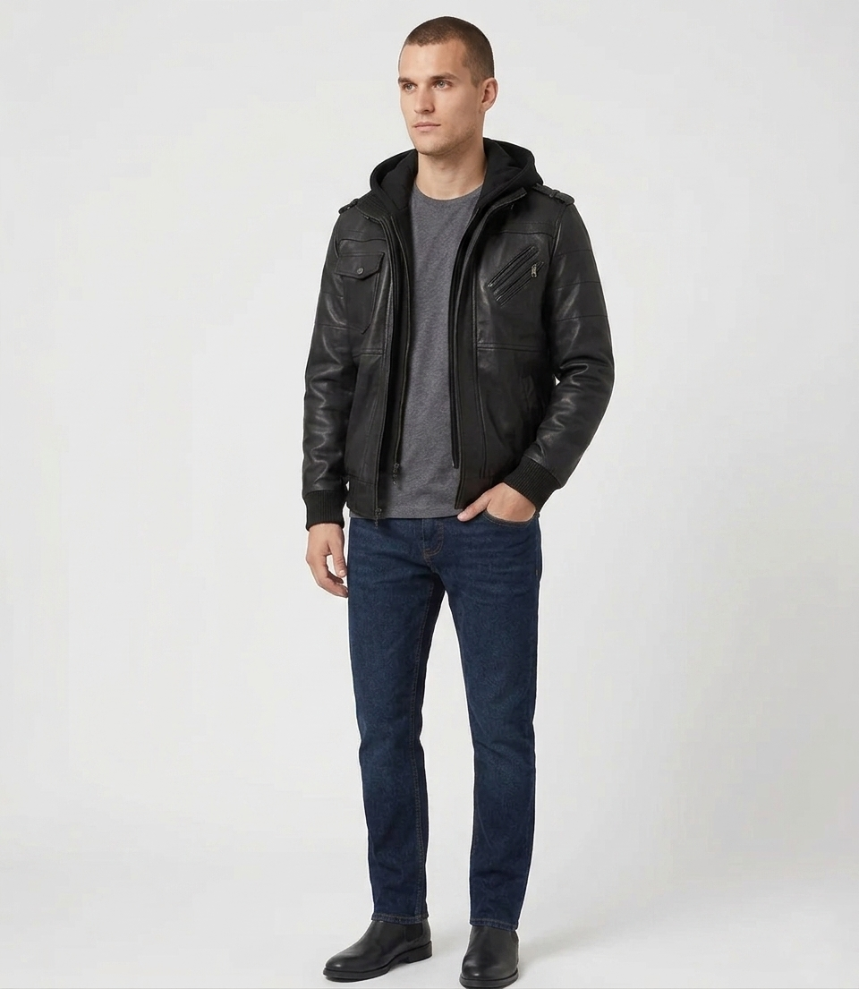 Men's Black Real Lambskin Leather Hooded Bomber Jacket