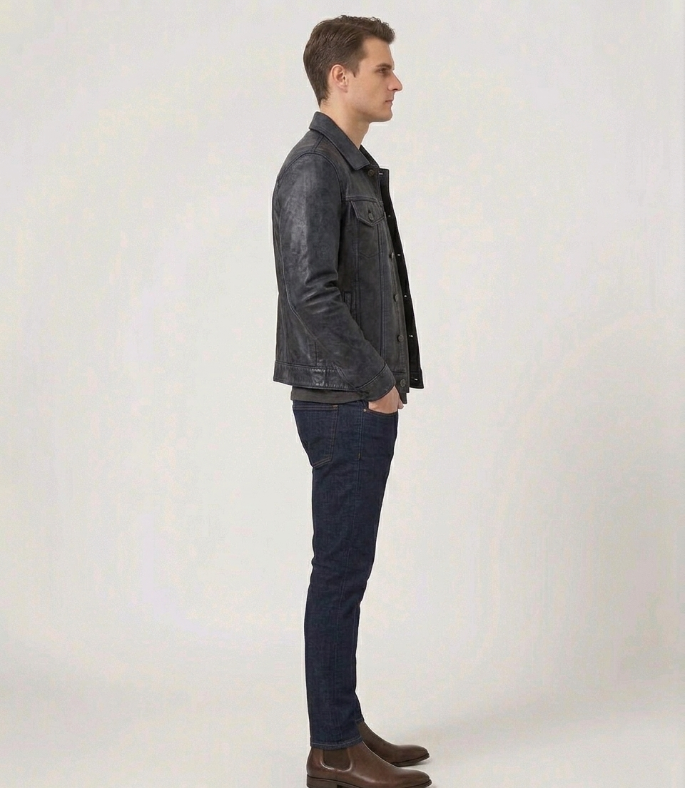 Men's Distressed Grey Real Lambskin Leather Trucker Style Jacket