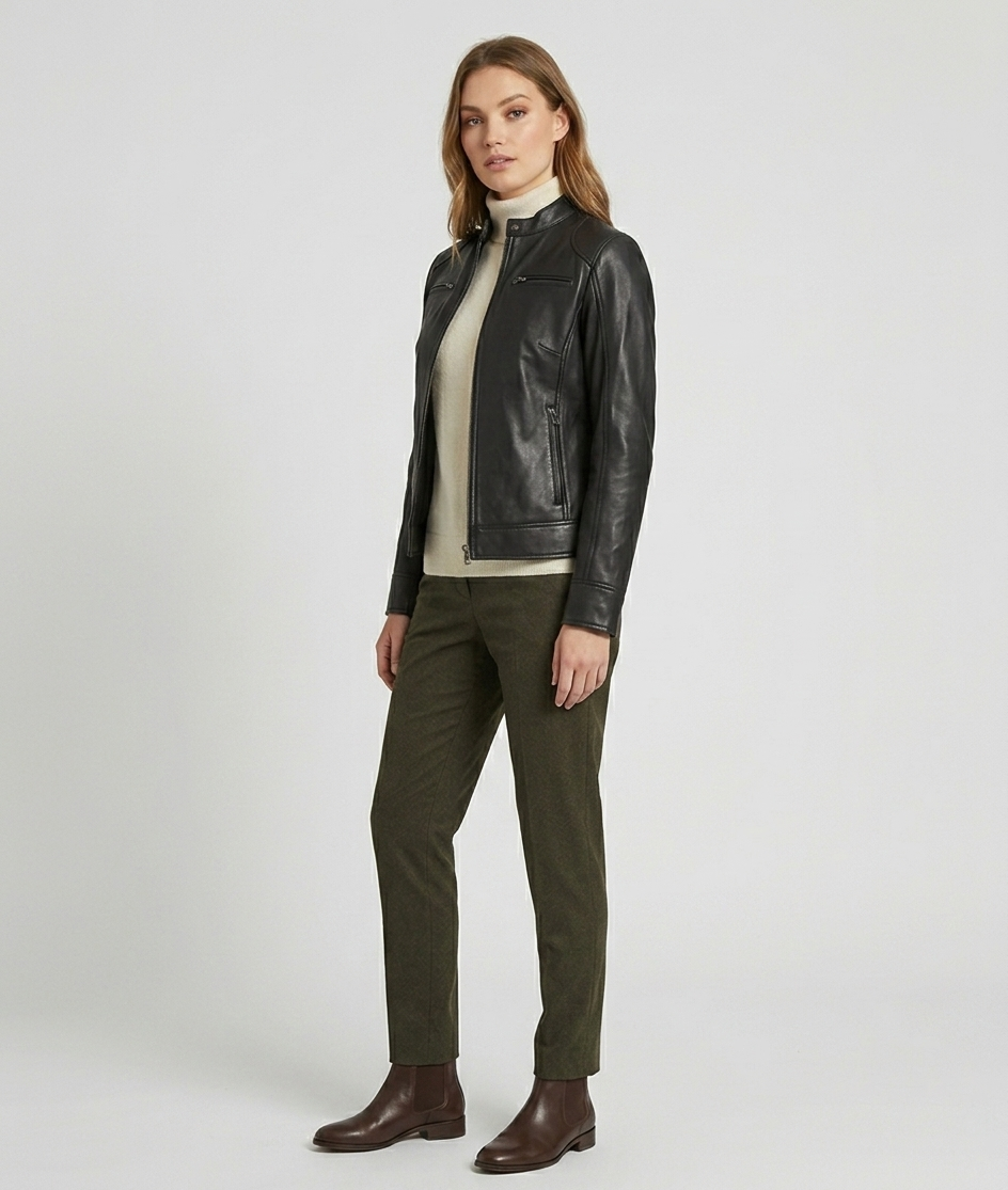 Women's Black Real Lambskin Leather Slim Fit Cafe Racer Jacket
