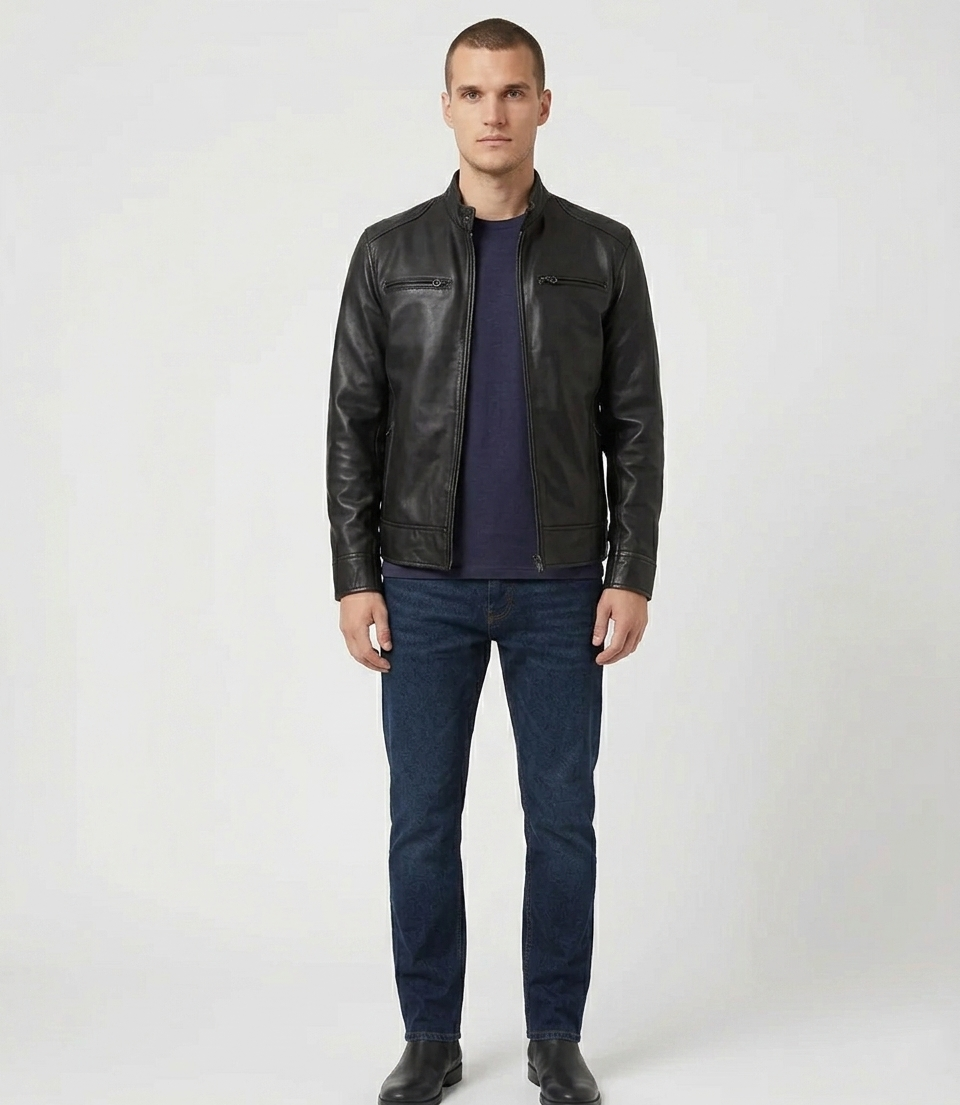Men's Black Real Lambskin Leather Cafe Racer Jacket