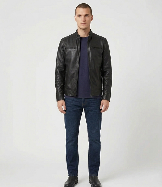 Men's Black Real Lambskin Leather Cafe Racer Jacket