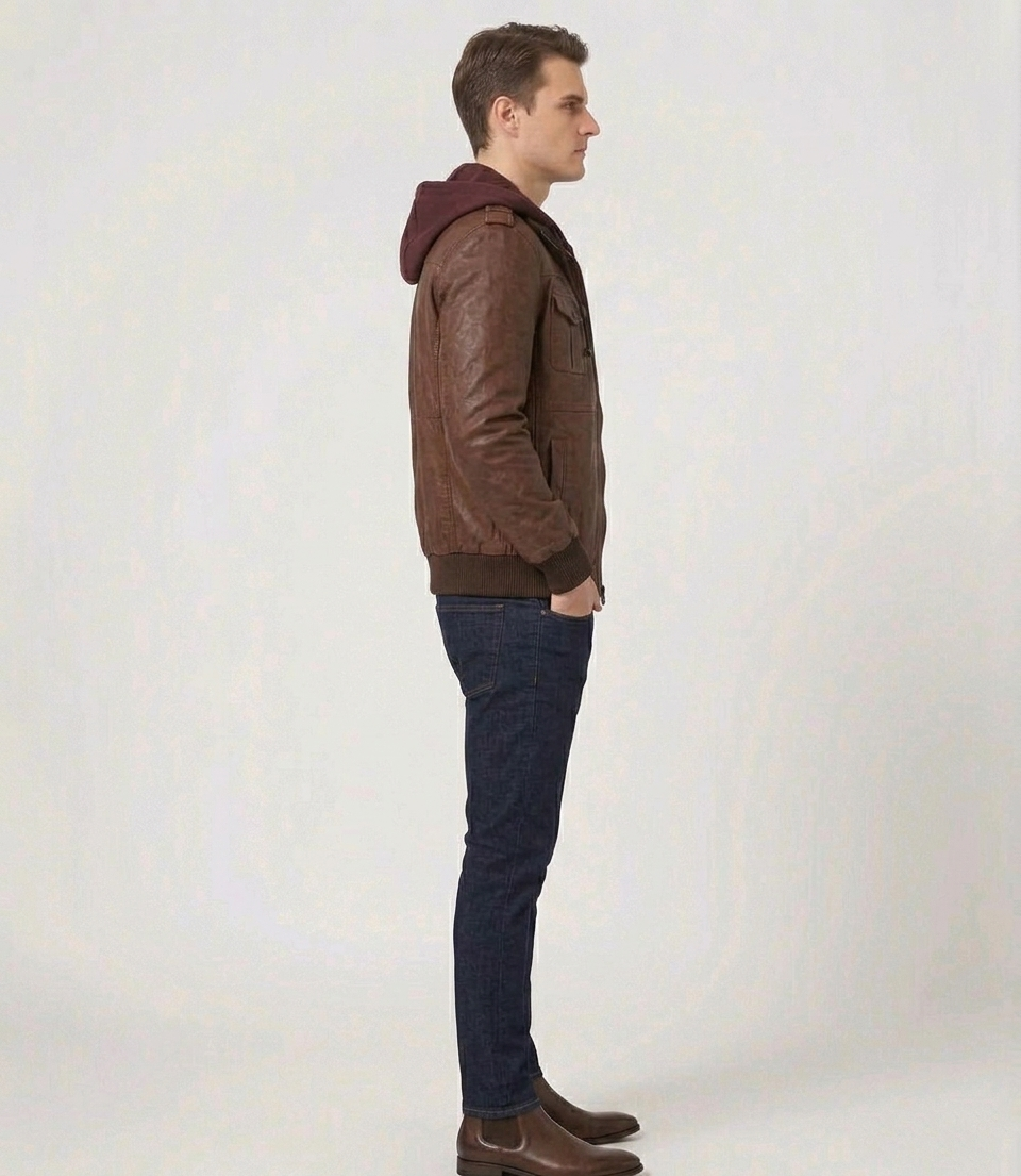 Men's Brown Real Lambskin Leather Hooded Bomber Jacket