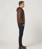 Men's Brown Real Lambskin Leather Hooded Bomber Jacket