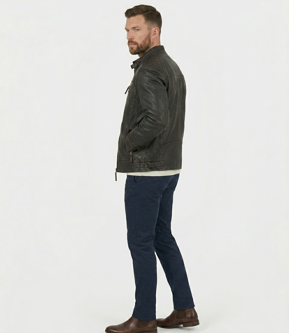 Men's Distressed Dark Brown Real Lambskin Leather Cafe Racer Biker Jacket