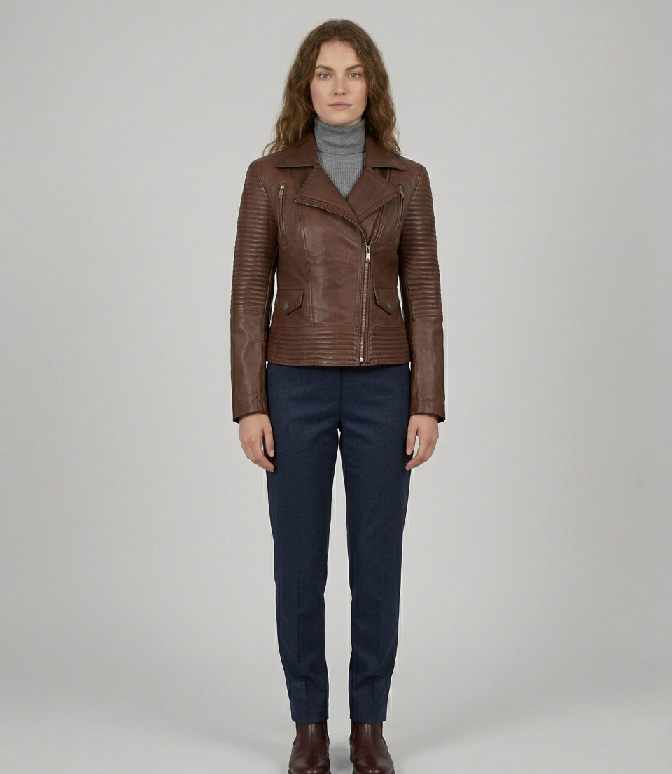 Women's Brown Real Lambskin Leather Quilted Biker Jacket