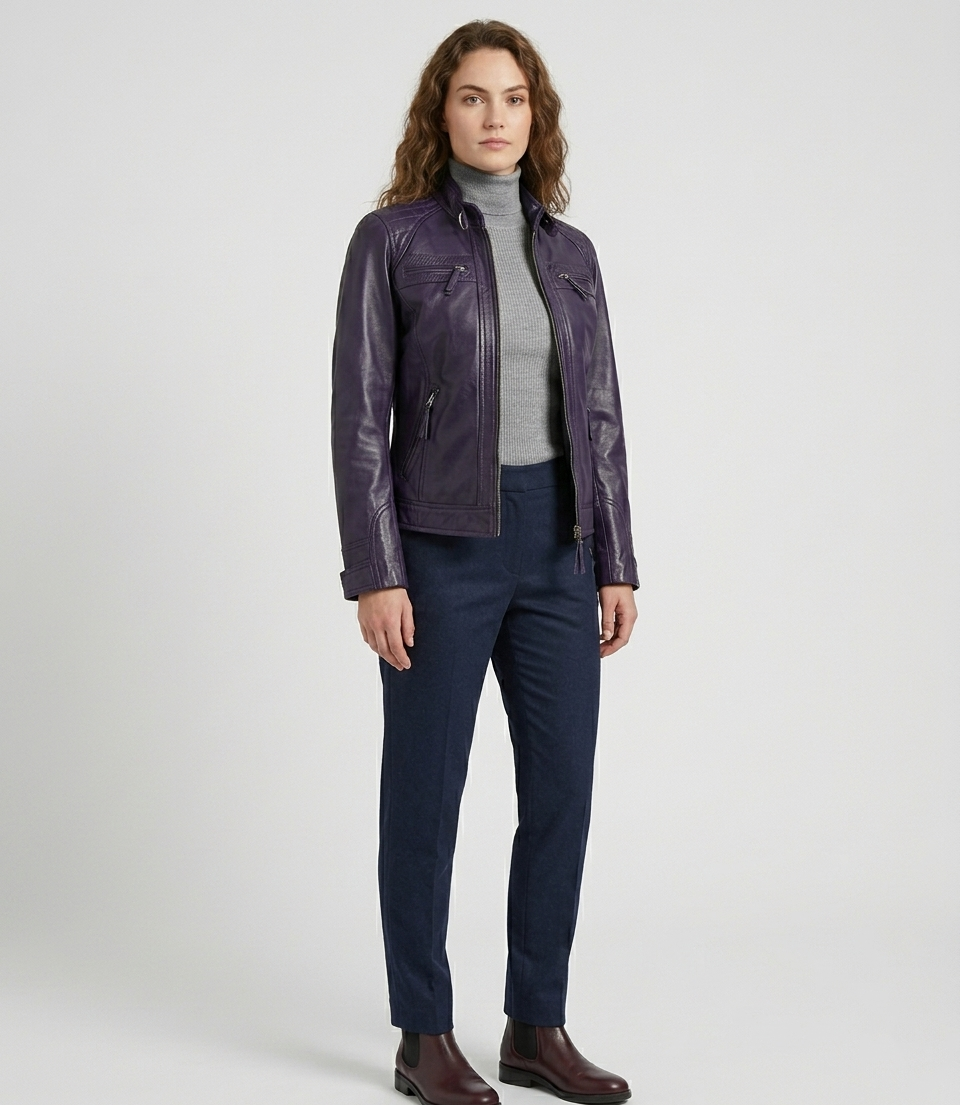 Women's Purple Real Lambskin Leather Cafe Racer Biker Jacket