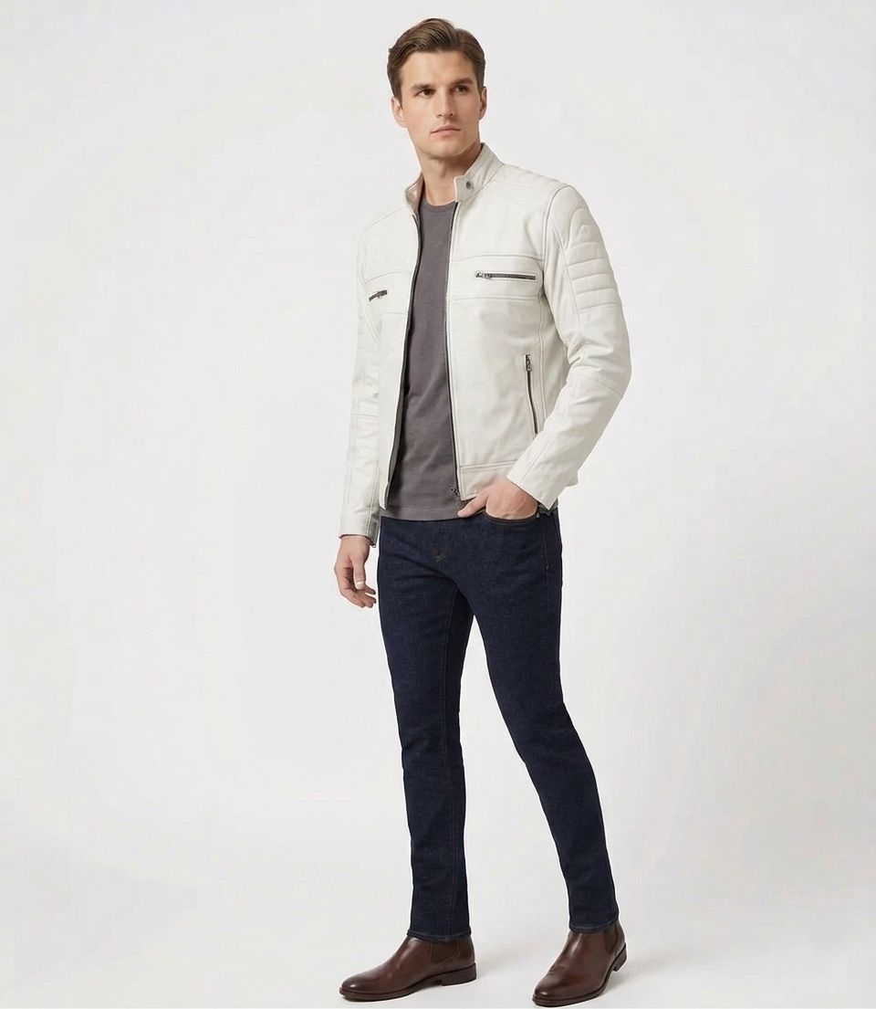 Men's Off-White Real Lambskin Leather Quilted Cafe Racer Jacket
