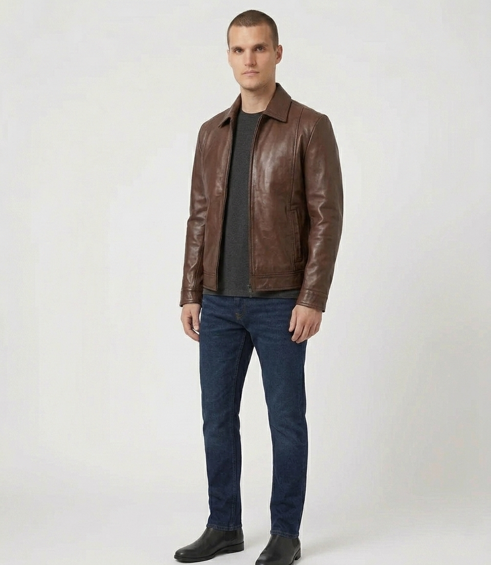 Men's Brown Real Lambskin Leather Classic Shirt-Collar Jacket