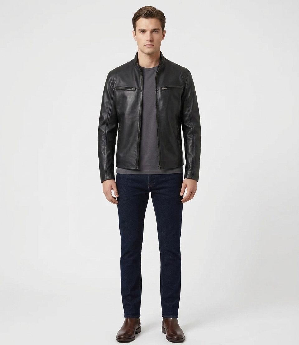 Men's Black Real Lambskin Leather Slim Fit Cafe Racer Jacket