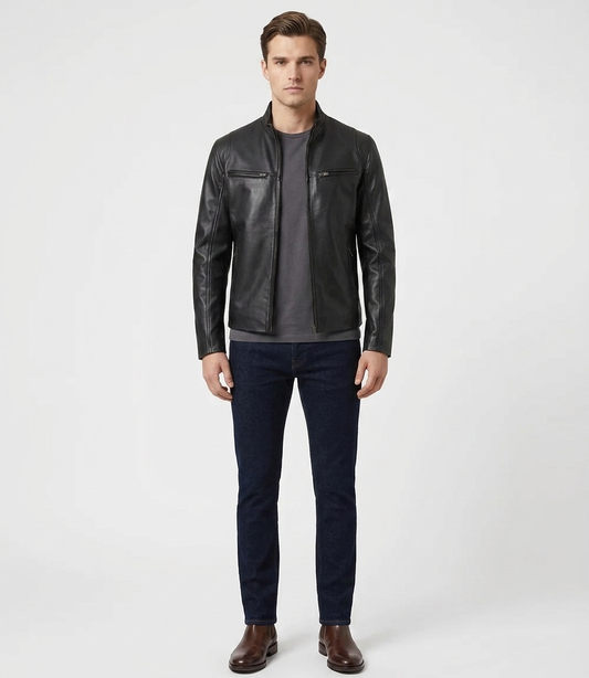 Men's Black Real Lambskin Leather Slim Fit Cafe Racer Jacket