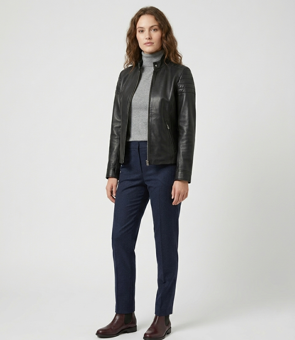 Women's Black Real Lambskin Leather Quilted Cafe Racer Jacket