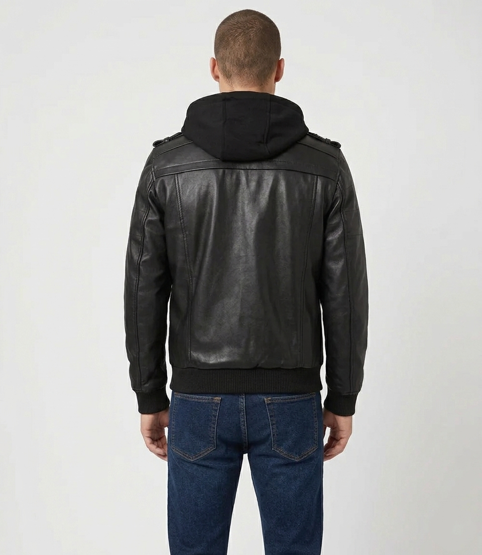 Men's Black Real Lambskin Leather Hooded Bomber Jacket