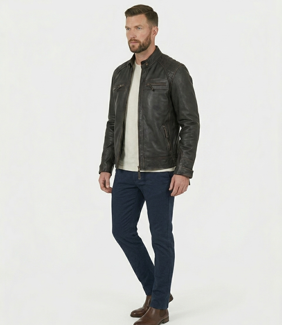 Men's Distressed Dark Brown Real Lambskin Leather Cafe Racer Biker Jacket