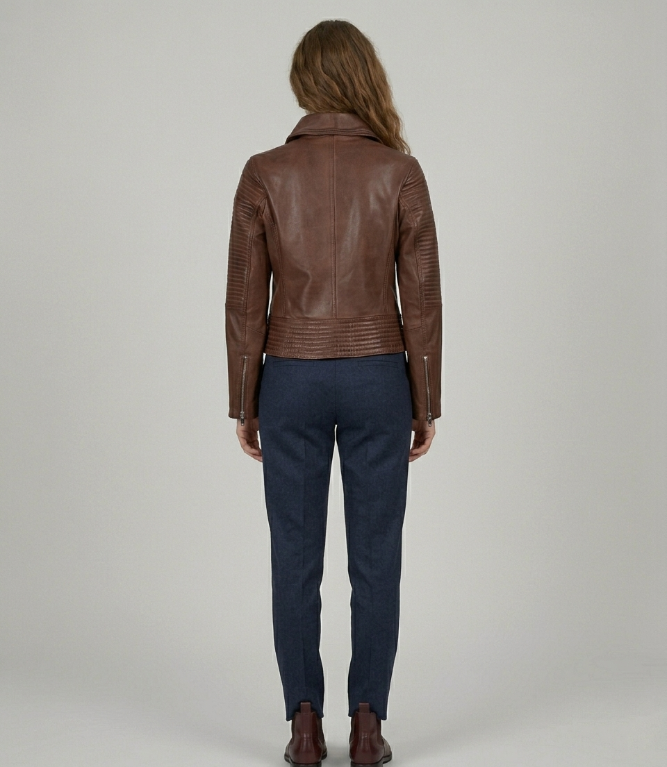 Women's Brown Real Lambskin Leather Quilted Biker Jacket